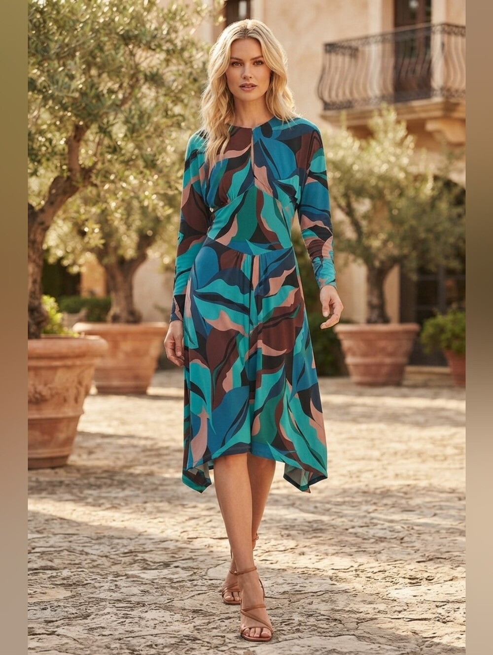 Maggy London Teal & Navy Long-Sleeve Abstract Midi Dress